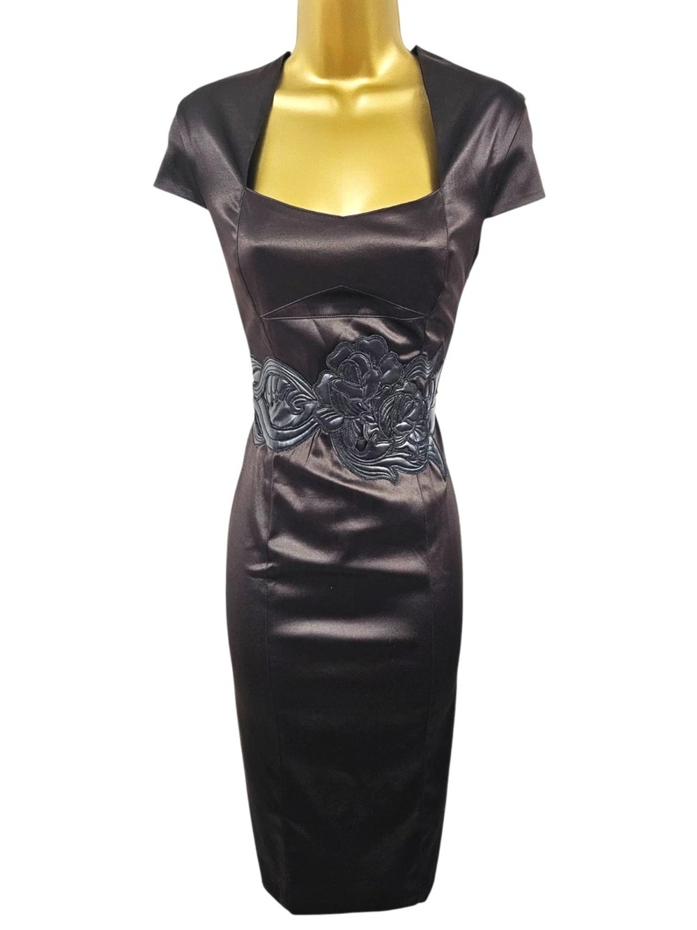 Karen Millen Dark Brown Midi Dress with Faux Leather Floral Embroidered Waist - Picture 1 of 12